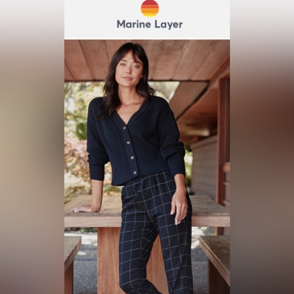 MARINE LAYER; ALLISON PULL-ON, TAPERED LEG PANT IN BLACK WINDOWPANE. - Picture 1 of 11